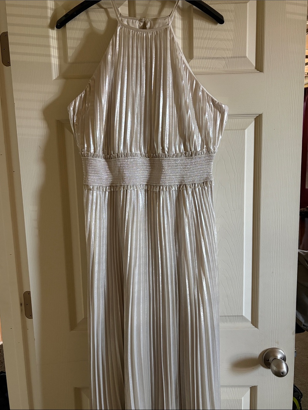 Express Ivory Metallic Halter Pleated Dress